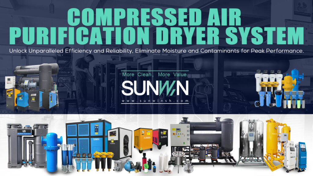 SUNWIN compressed air purification dryer systems and industrial filters displayed against a factory background.