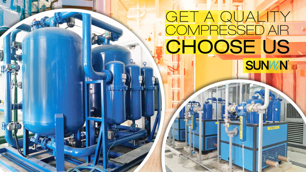 Blue SUNWIN quality compressed air treatment systems and refrigerated dryers installed in an industrial facility.